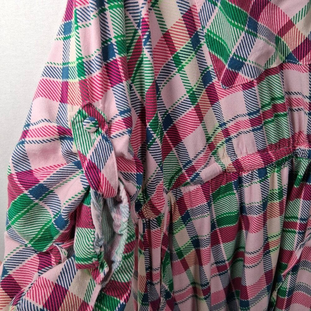 Torrid Dress Size 3 Plus Size 3X Pink Green Blue Pliad Roll Sleeve Midi Zip - Picture 6 of 16